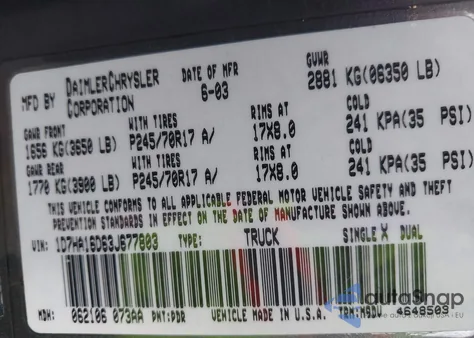 2003 Dodge Ram 1500 Slt/Laramie/St from USA, damaged, VIN 1D7HA16D63J677803